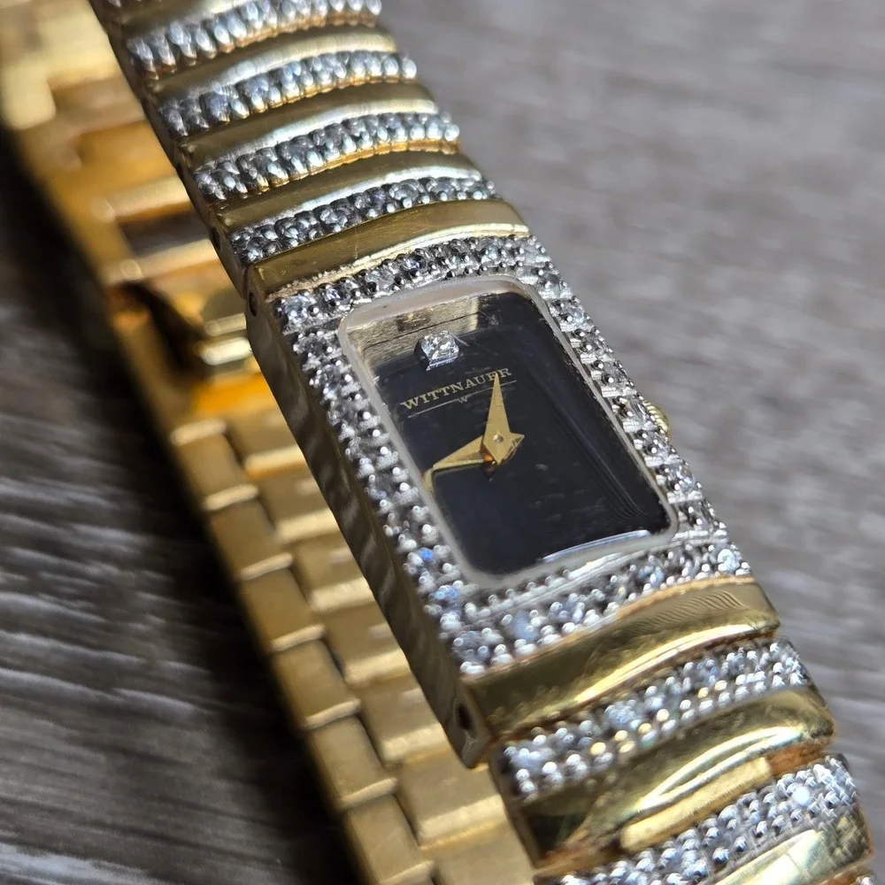 Wittnauer Womens Gold Tone Rectangle Watch Crystal Accent Bracelet Vintage Swiss